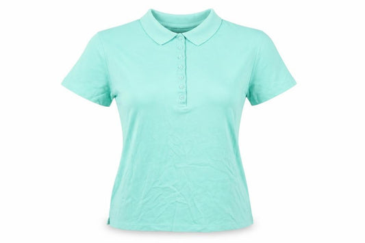 Front view of Lands' End men’s blue cotton t-shirt, size M, collared
