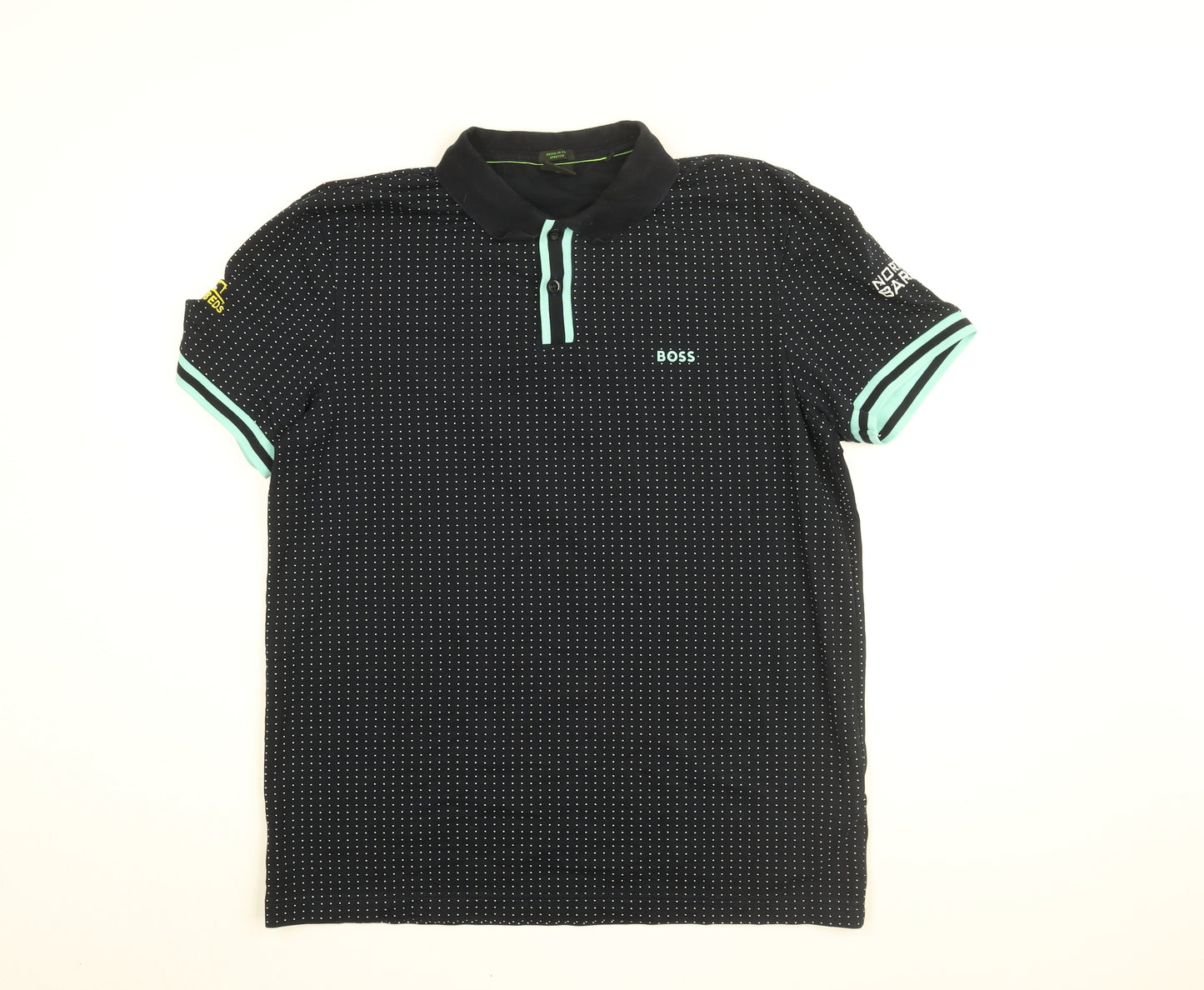 HUGO BOSS Mens Blue Polka Dot Cotton Polo Size XL Collared Button