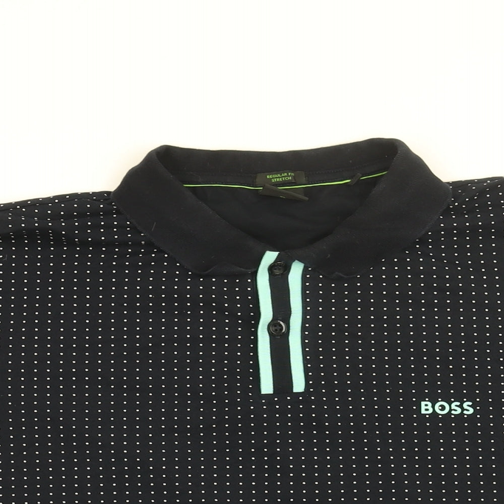 HUGO BOSS Mens Blue Polka Dot Cotton Polo Size XL Collared Button