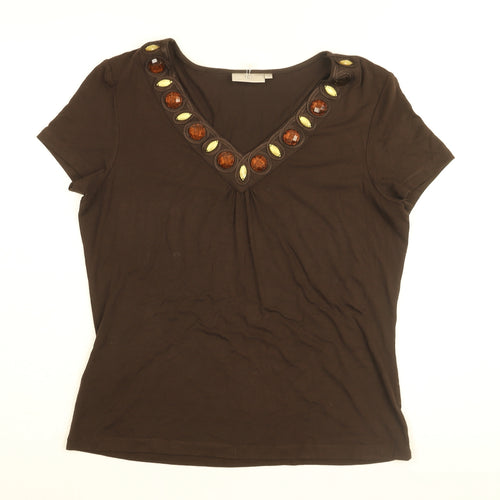 CC Womens Brown Viscose Basic T-Shirt Size M V-Neck - Jewelled neckline
