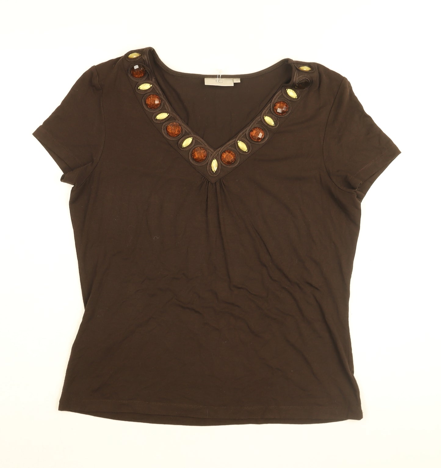 CC Womens Brown Viscose Basic T-Shirt Size M V-Neck - Jewelled neckline