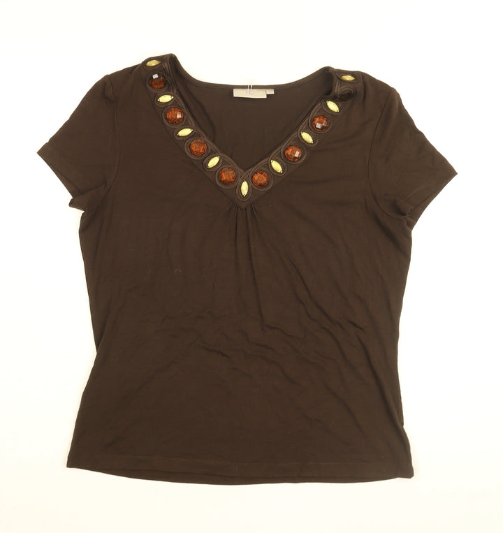 CC Womens Brown Viscose Basic T-Shirt Size M V-Neck - Jewelled neckline