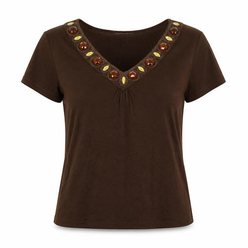 CC Womens Brown Viscose Basic T-Shirt Size M V-Neck - Jewelled neckline