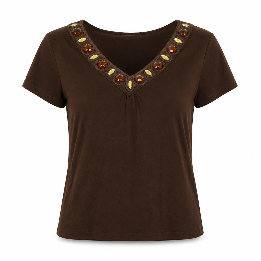 CC Womens Brown Viscose Basic T-Shirt Size M V-Neck - Jewelled neckline