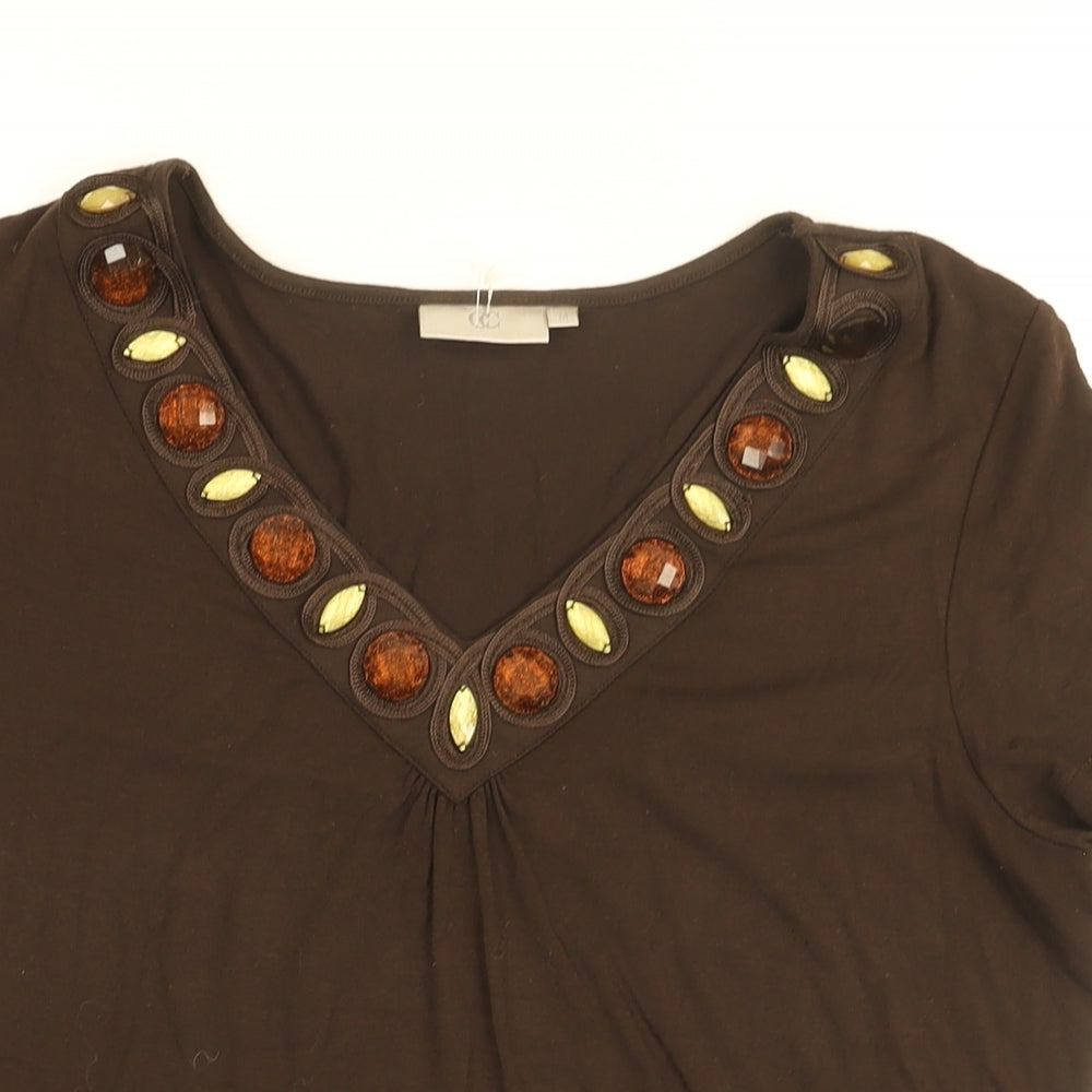 CC Womens Brown Viscose Basic T-Shirt Size M V-Neck - Jewelled neckline