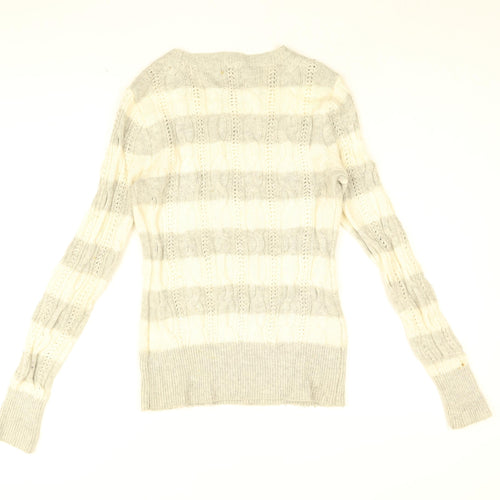 Believers in Aphorism Womens White Round Neck Striped Nylon Pullover Jumper Size 12