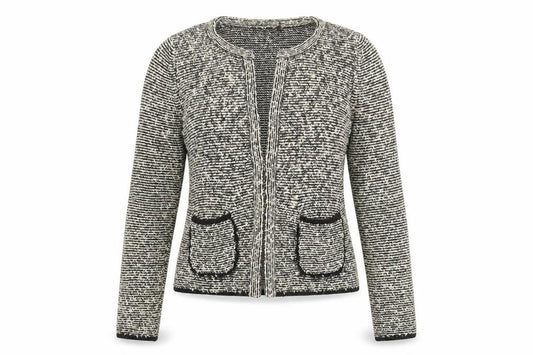 Front view of Olsen women’s blue geometric jacket, size UK 12, hook & eye