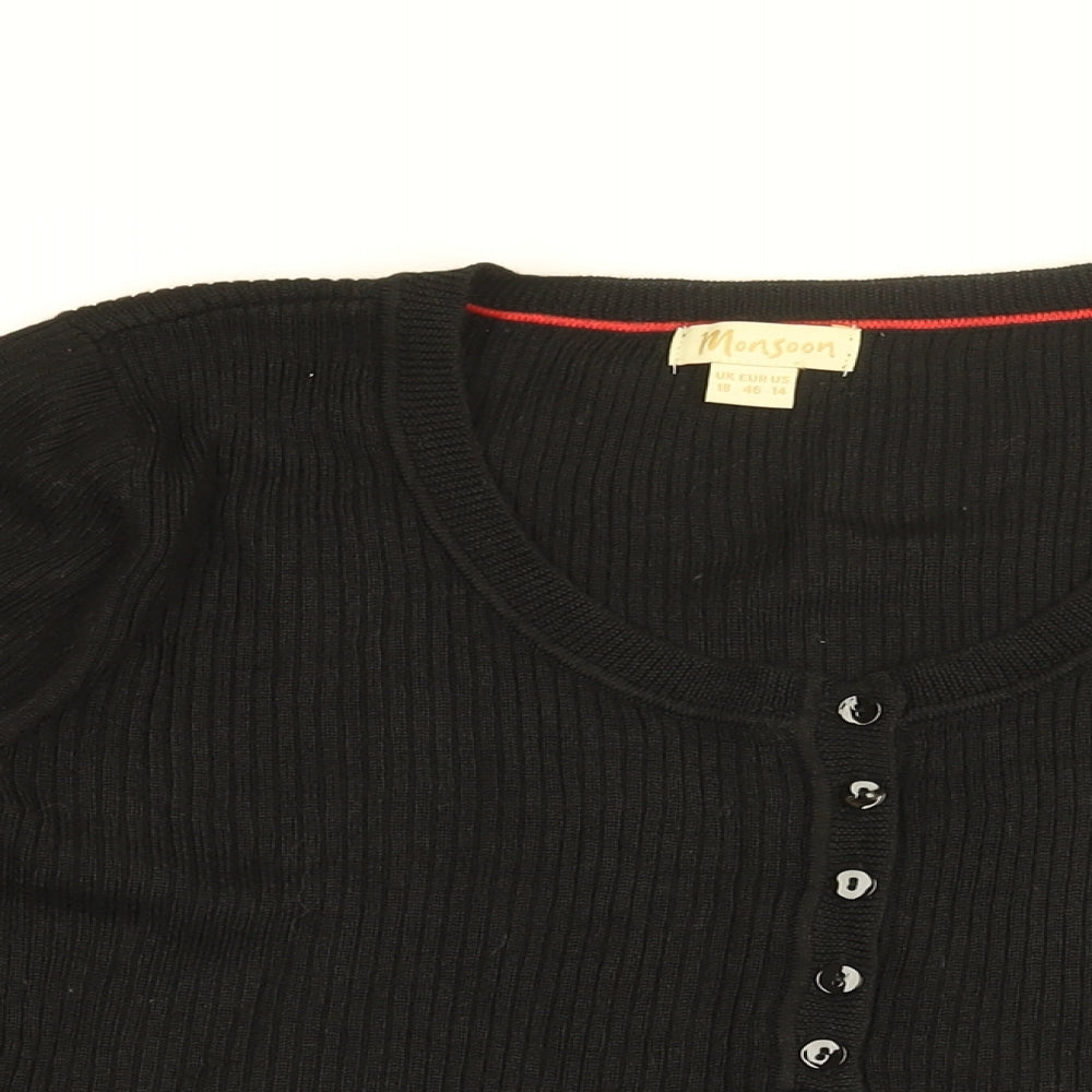 Monsoon Womens Black Striped Wool Basic T-Shirt Size 18 Round Neck