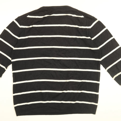 Jaeger Mens Black Round Neck Striped Cotton Pullover Jumper Size M Long Sleeve