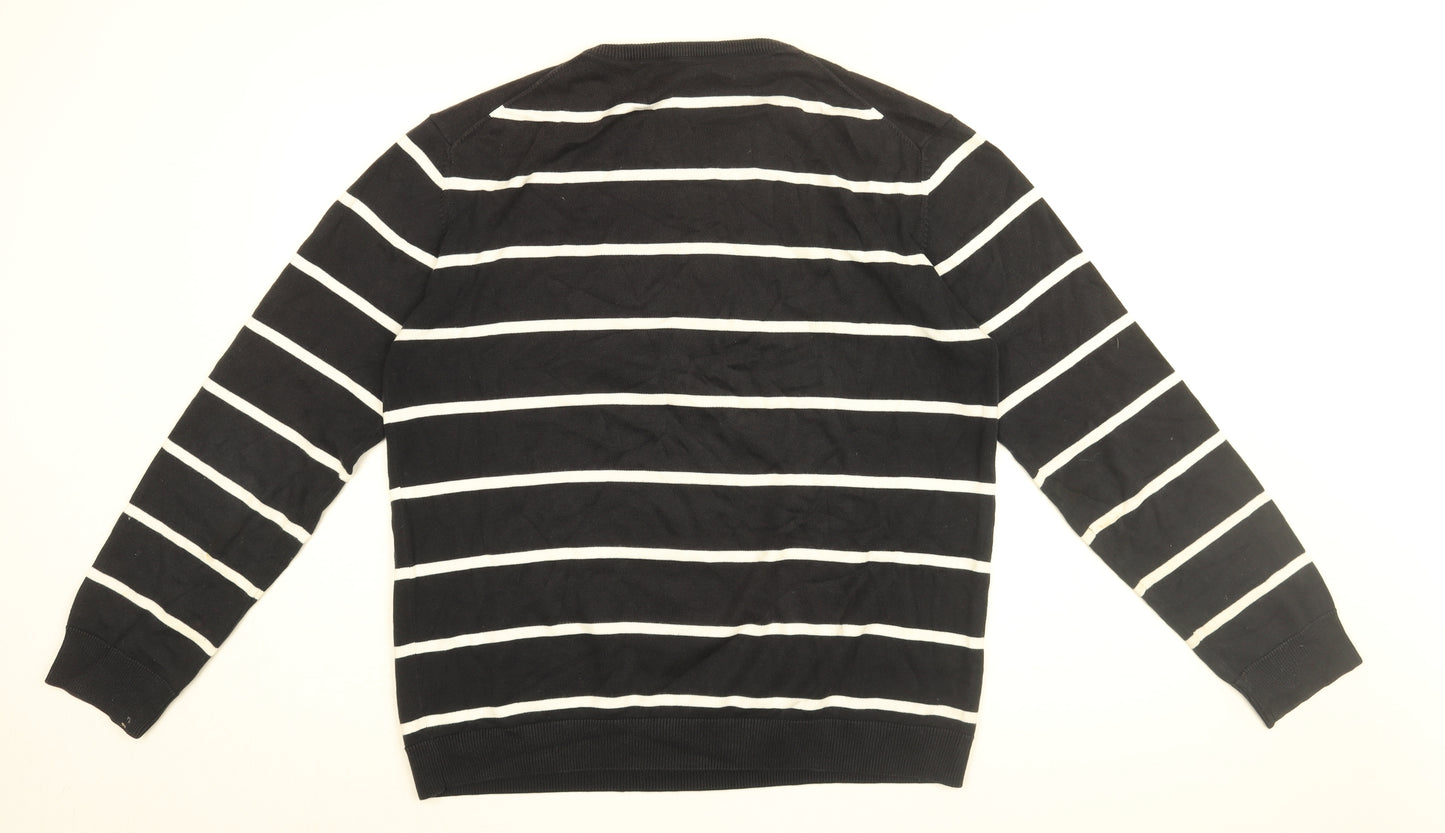 Jaeger Mens Black Round Neck Striped Cotton Pullover Jumper Size M Long Sleeve