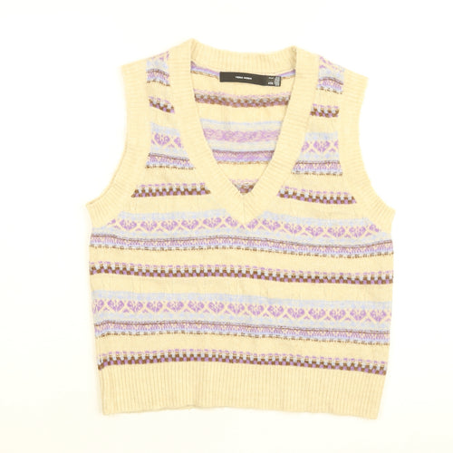 VERO MODA Womens Beige V-Neck Geometric Acrylic Pullover Jumper Size S
