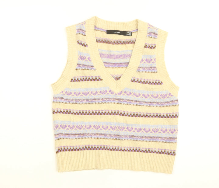 VERO MODA Womens Beige V-Neck Geometric Acrylic Pullover Jumper Size S