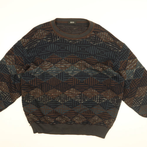 HUGO BOSS Mens Brown Round Neck Geometric Wool Pullover Jumper Size XL Long Sleeve
