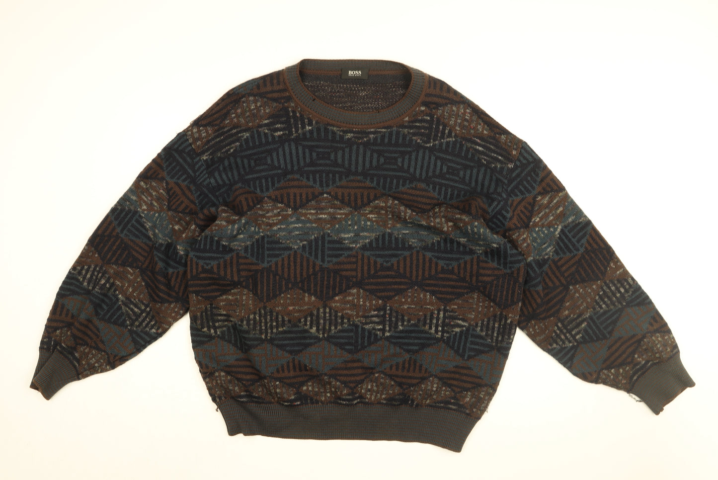 HUGO BOSS Mens Brown Round Neck Geometric Wool Pullover Jumper Size XL Long Sleeve