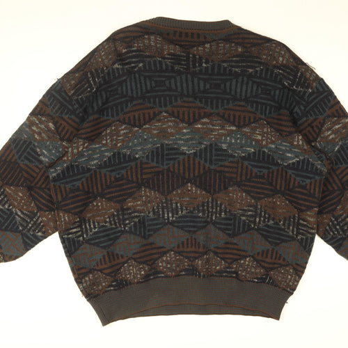 HUGO BOSS Mens Brown Round Neck Geometric Wool Pullover Jumper Size XL Long Sleeve