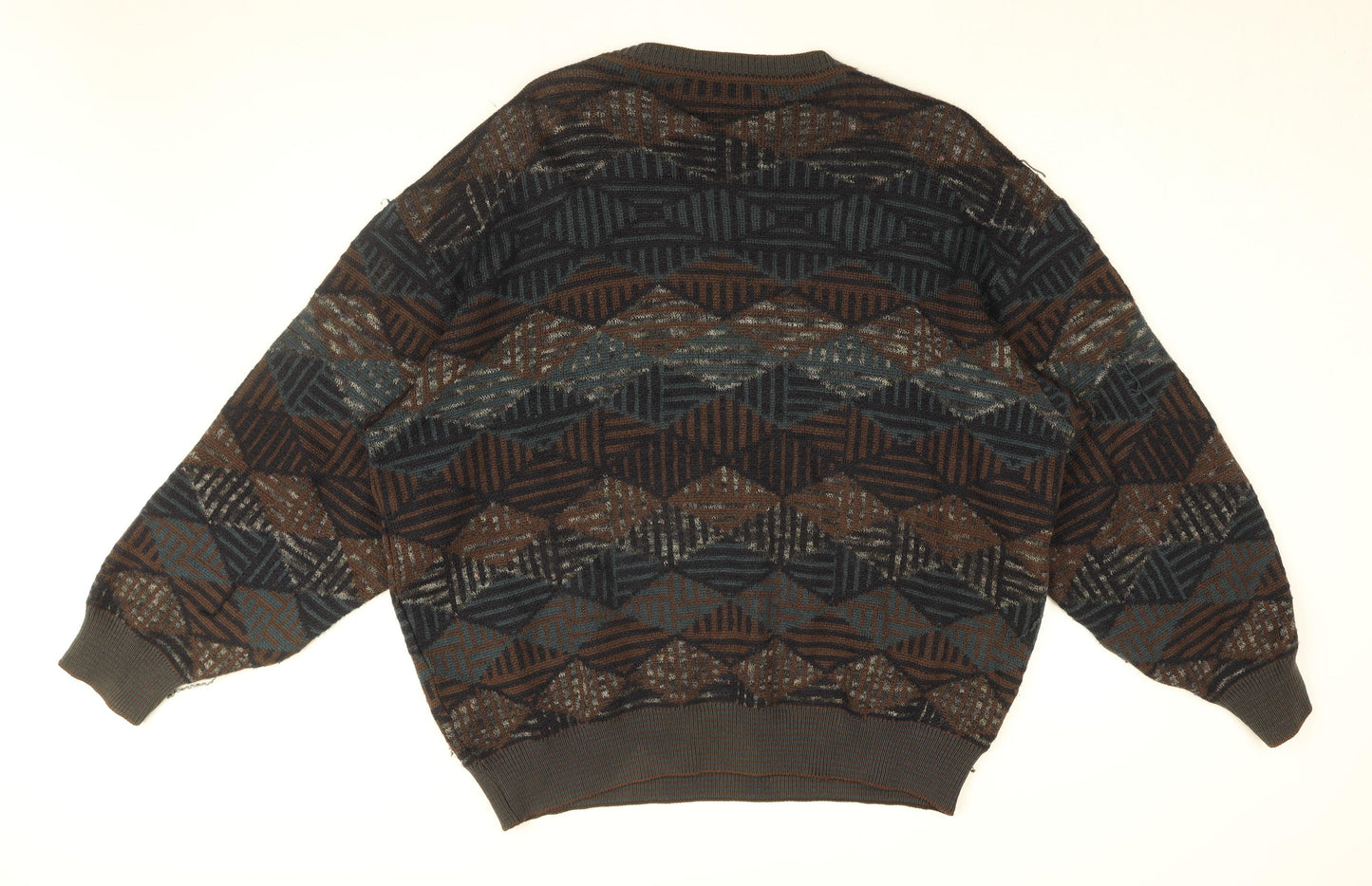 HUGO BOSS Mens Brown Round Neck Geometric Wool Pullover Jumper Size XL Long Sleeve
