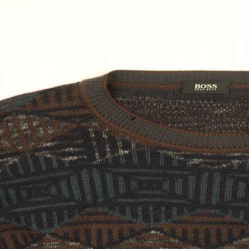 HUGO BOSS Mens Brown Round Neck Geometric Wool Pullover Jumper Size XL Long Sleeve