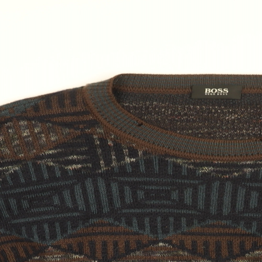 HUGO BOSS Mens Brown Round Neck Geometric Wool Pullover Jumper Size XL Long Sleeve