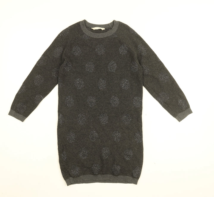Mango Girls Grey Polka Dot Polyester Jumper Dress Size 7-8 Years Round Neck Pullover