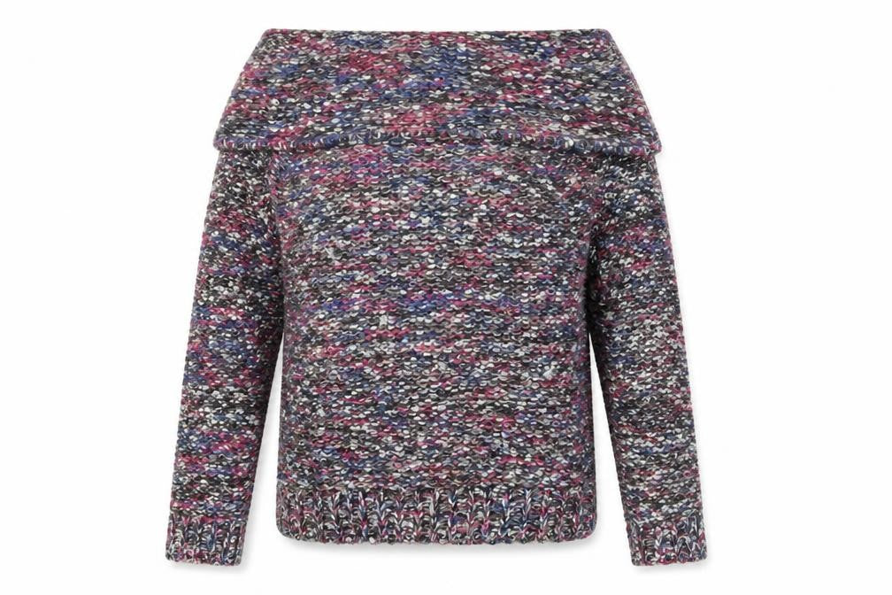 Front view of Apricot women’s multicoloured scoop neck acrylic jumper, size UK 12