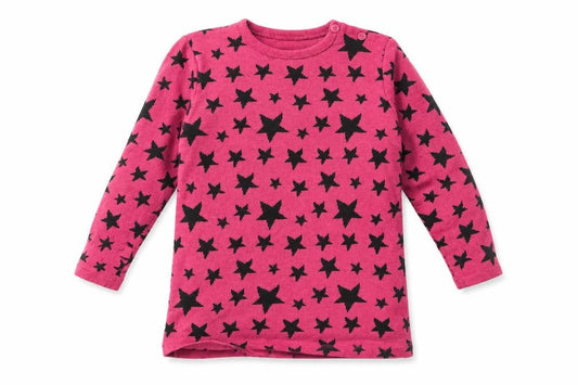Front view of Lupilu girls’ pink geometric cotton basic t-shirt, size 12-18, months round neck button - star print