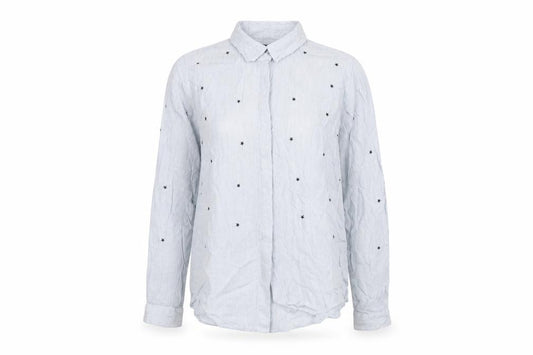 Front view of Label Lab women’s blue striped viscose basic button-up, size UK 10, collared - star print