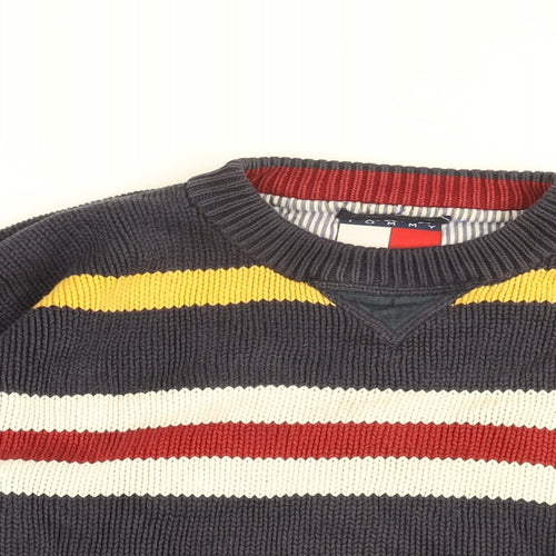 Tommy Hilfiger Mens Blue Round Neck Striped Cotton Pullover Jumper Size M Long Sleeve