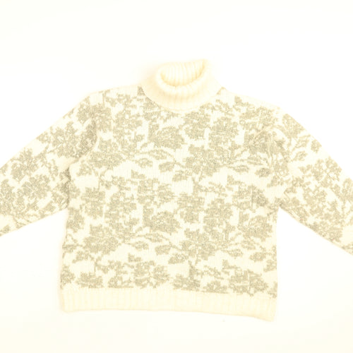 St Michael Womens White Roll Neck Floral Acrylic Pullover Jumper Size 10