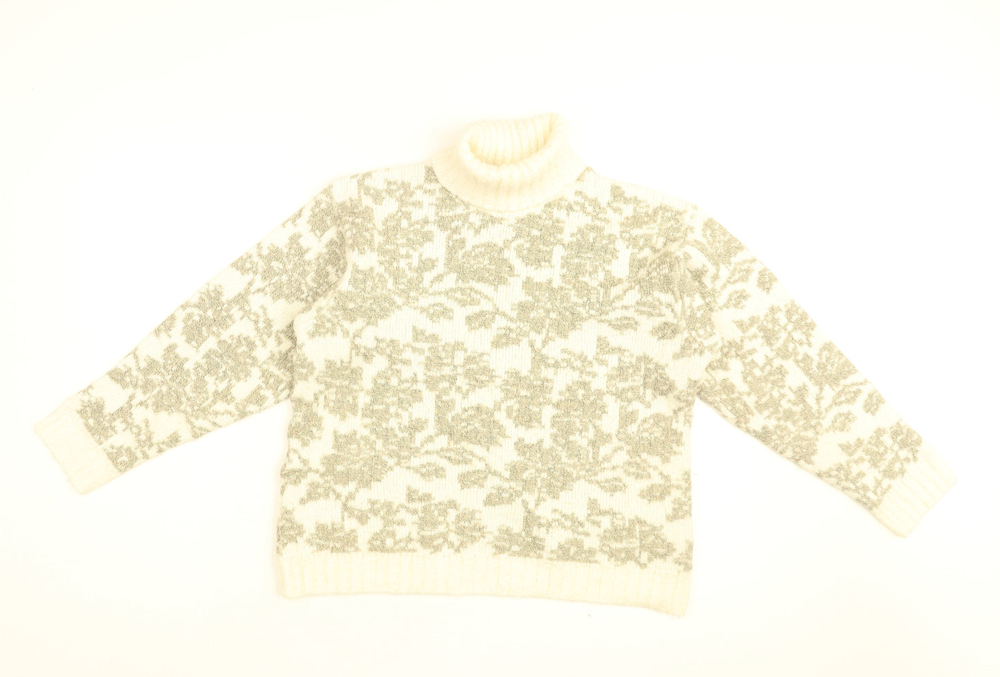 St Michael Womens White Roll Neck Floral Acrylic Pullover Jumper Size 10