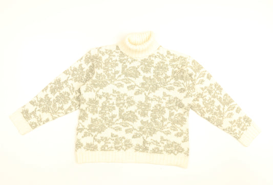 St Michael Womens White Roll Neck Floral Acrylic Pullover Jumper Size 10