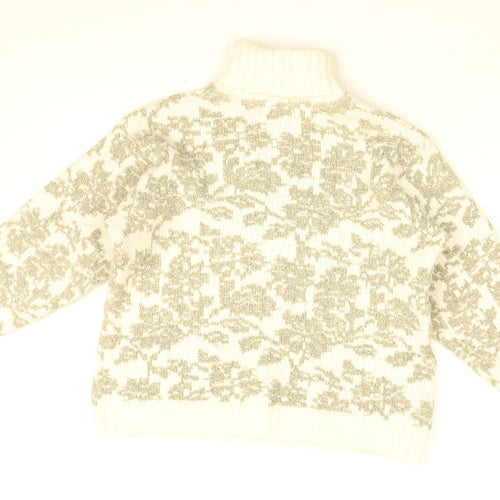 St Michael Womens White Roll Neck Floral Acrylic Pullover Jumper Size 10