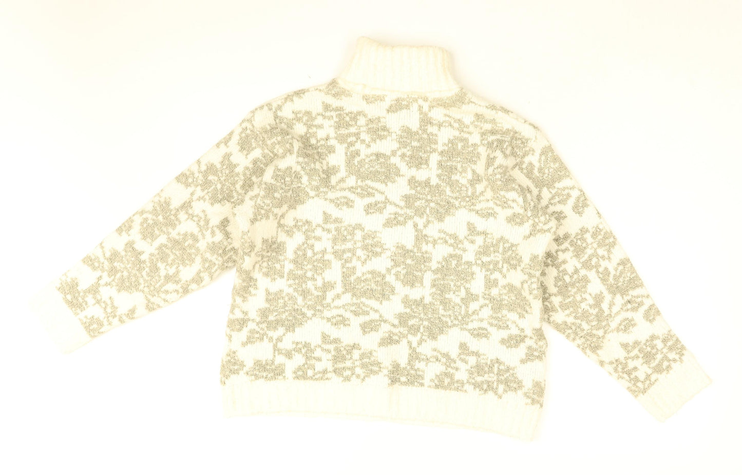 St Michael Womens White Roll Neck Floral Acrylic Pullover Jumper Size 10