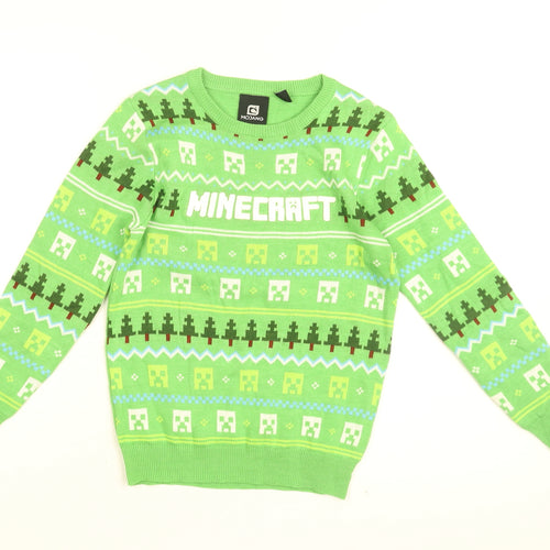 Minecraft Boys Green Round Neck Geometric Acrylic Pullover Jumper Size 9-10 Years Pullover - Minecraft Print