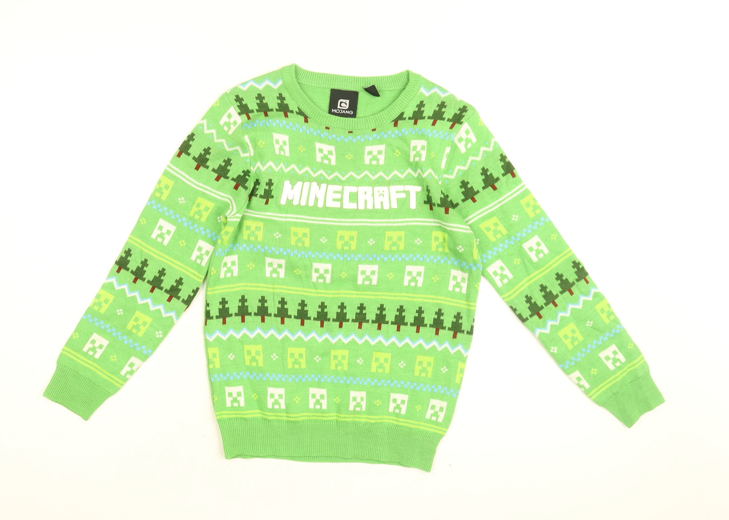 Minecraft Boys Green Round Neck Geometric Acrylic Pullover Jumper Size 9-10 Years Pullover - Minecraft Print