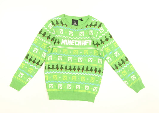 Minecraft Boys Green Round Neck Geometric Acrylic Pullover Jumper Size 9-10 Years Pullover - Minecraft Print