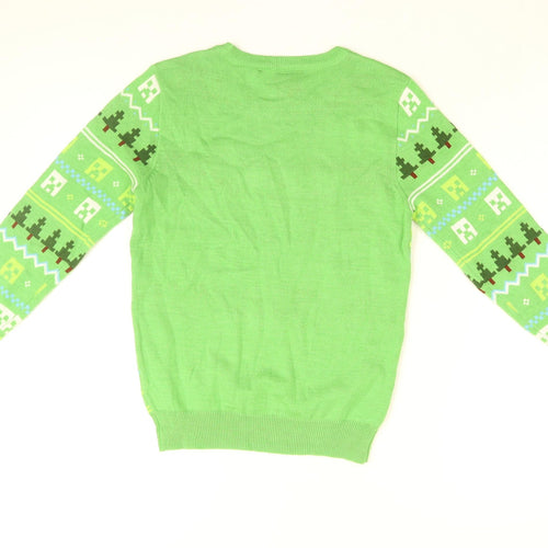 Minecraft Boys Green Round Neck Geometric Acrylic Pullover Jumper Size 9-10 Years Pullover - Minecraft Print