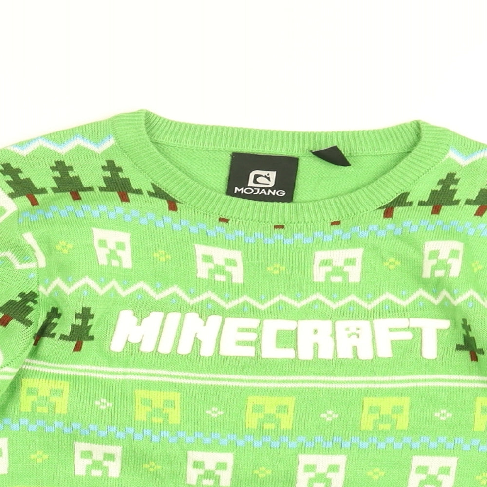 Minecraft Boys Green Round Neck Geometric Acrylic Pullover Jumper Size 9-10 Years Pullover - Minecraft Print