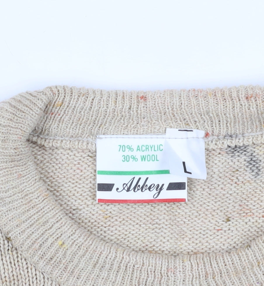 Abbey Beige Geometric Knit Men's Pullover Jumper L