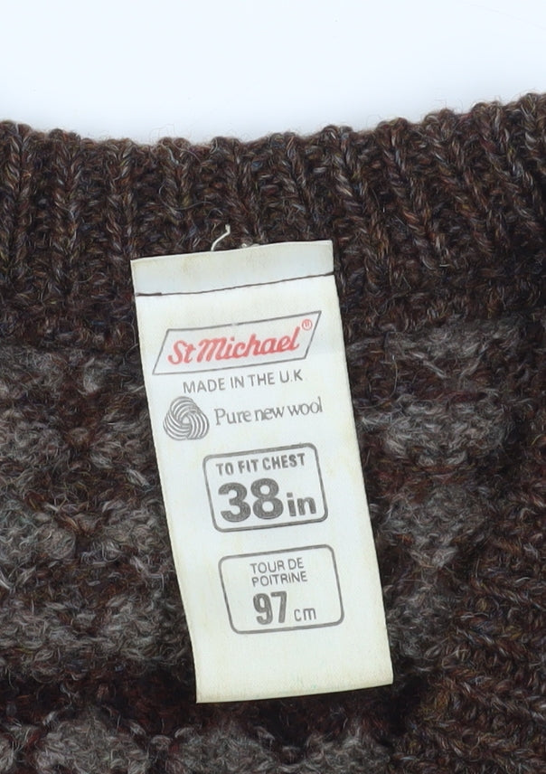 St Michael Brown Geometric Wool V-Neck Pullover, Size M