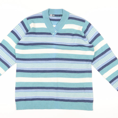 Isle Blue Striped Pullover Jumper, Size M, V-Neck Winter