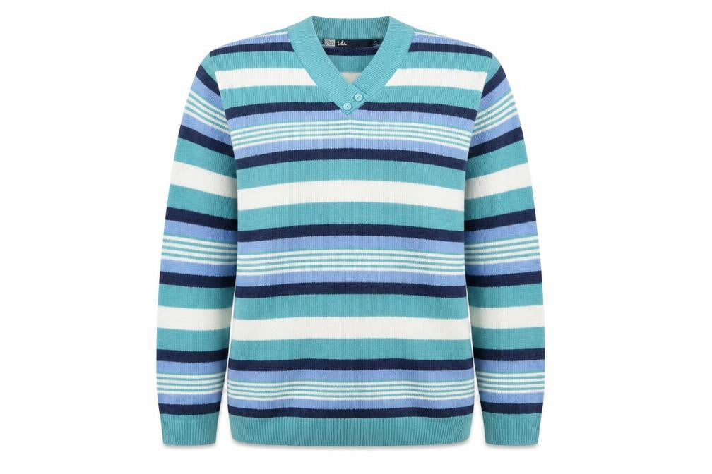 Front view of Isle Blue Striped jumper, size M, V-Neck Winter