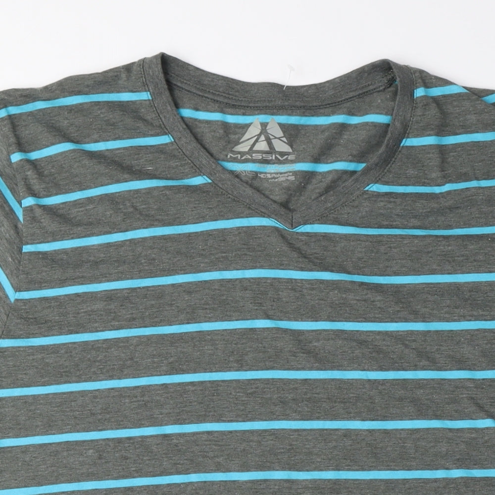 Massive Mens Green Striped Cotton T-Shirt Size 2XL Crew Neck