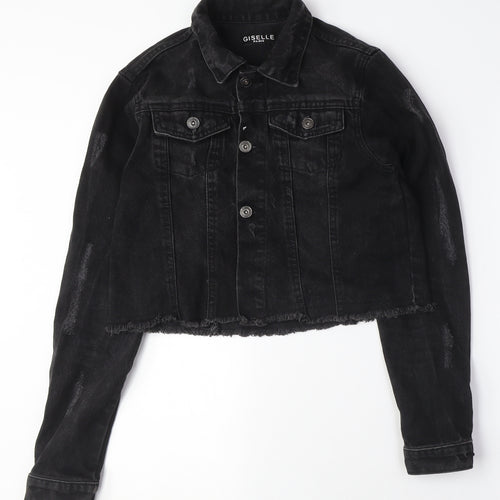 Giselle Womens Black Jacket Size 10 Button - Distressed, Black Denim Jacket
