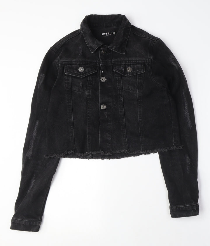 Giselle Womens Black Jacket Size 10 Button - Distressed, Black Denim Jacket