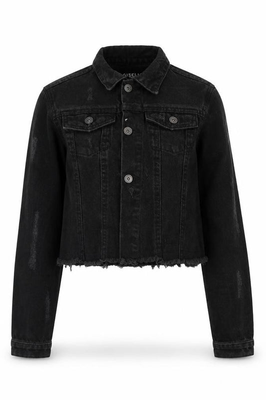 Front view of Giselle women’s black jacket, size UK 10, button - distressed, black denim jacket
