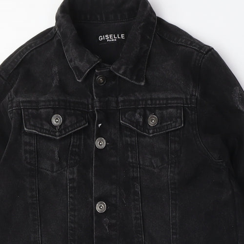 Giselle Womens Black Jacket Size 10 Button - Distressed, Black Denim Jacket