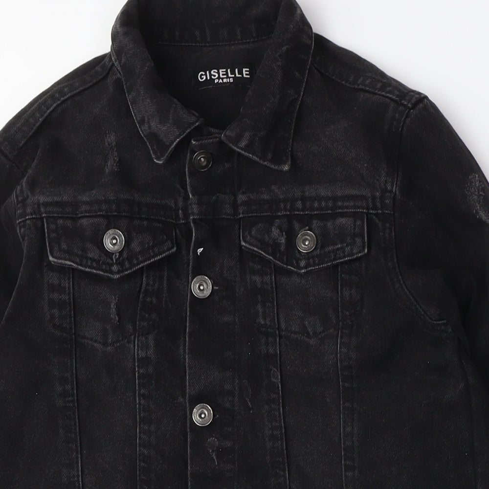 Giselle Womens Black Jacket Size 10 Button - Distressed, Black Denim Jacket