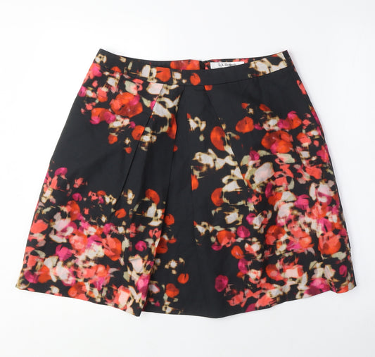 L.K. Bennett Womens Black Floral Silk A-Line Skirt Size 14 Zip