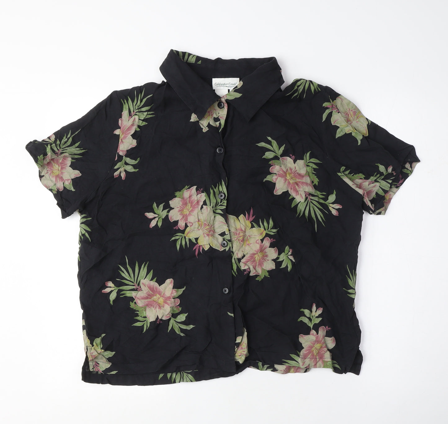 Coldwater Creek Mens Black Floral Silk Button-Up Size L Collared Button