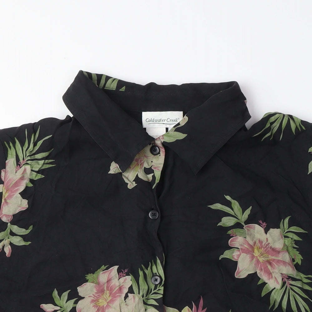 Coldwater Creek Mens Black Floral Silk Button-Up Size L Collared Button